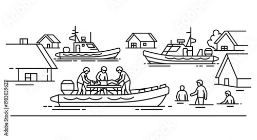 Flood rescue operation with boats and people in flooded houses