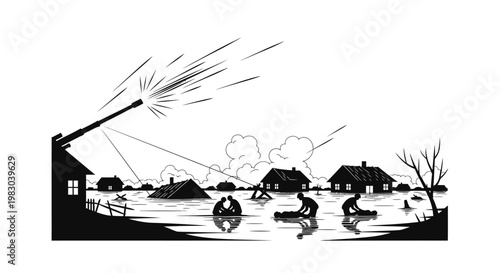 Flood rescue operation with water cannon and people helping each other