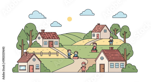 A friendly rural village scene with people and houses on rolling hills.