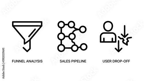 Sales and marketing icons: funnel analysis sales pipeline user drop-off with customer journey user flow line art marketing analysis pipeline conversion customers strategy analytics business