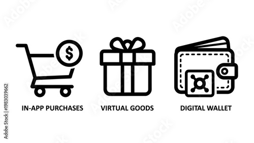 In-app purchases virtual goods digital wallet icons in app with e commerce purchases shopping commerce transaction e-commerce technology business investment currency cashless software