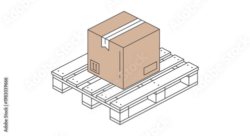 Isometric illustration of a cardboard box on a wooden pallet, representing shipping and logistics.