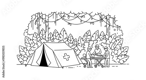 Jungle Medical Tent with Medical Team Tending to Patient
