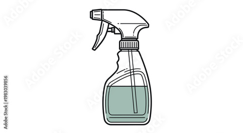 Minimalist line art illustration of a plastic cleaning spray bottle isolated on white background