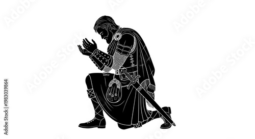 Kneeling Knight in Armor Praying, Medieval Warrior Silhouette, Historical Battle Scene
