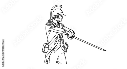 Line Art Drawing of a Soldier in Historical Uniform Holding a Sword