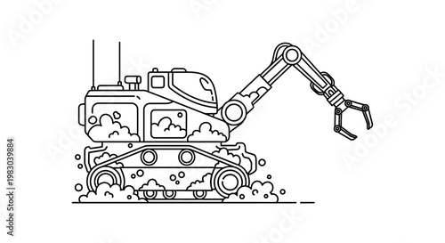 Line Art Excavator Robot with Claw Arm, Industrial Machine on Tracks, Vector Illustration