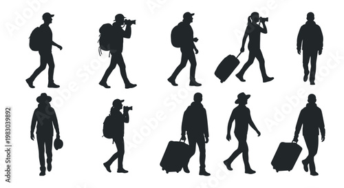 Silhouettes of travelers with luggage and cameras walking