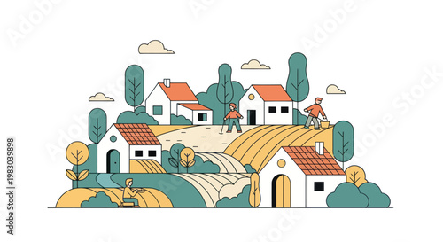 Illustration of a peaceful farm with houses and people working.