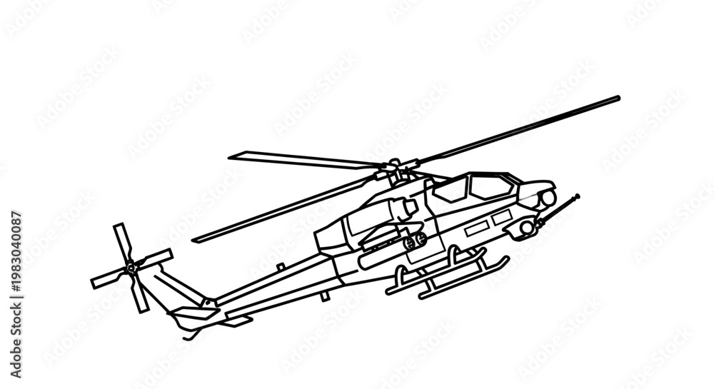 Fototapeta premium Military Attack Helicopter, Cobra, Line Art, Vector Illustration, Aviation