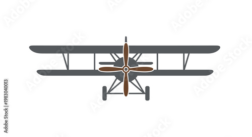 Front view of a vintage biplane illustration with a brown propeller on a white background.