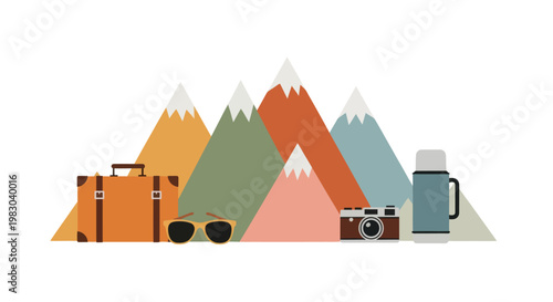 Flat vector illustration of mountain travel gear with a suitcase, camera, and sunglasses.