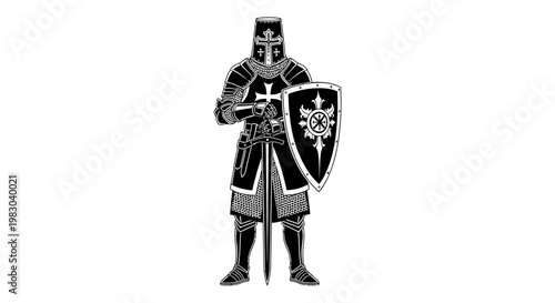 Medieval Knight in Full Armor with Sword and Shield, Black and White Illustration
