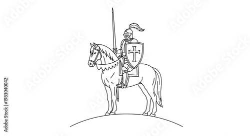 Medieval Knight Warrior on Horseback with Sword and Shield, Line Art