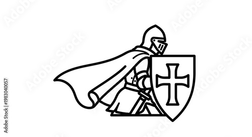 Medieval Knight Warrior with Shield and Cape, Outline Drawing