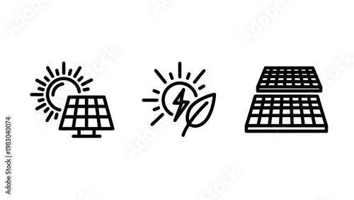 Icons for solar energy solar panels sun leaves representing sustainability with solar panel renewable energy green energy eco friendly alternative energy source energy generation