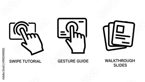 Touchscreen gesture and swipe tutorial icons with tutorial touchscreen interaction interface navigation collection technology computer communication information function instruction
