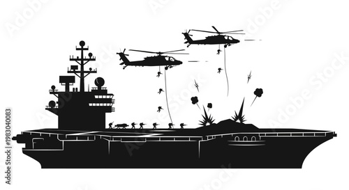 Military Aircraft Carrier with Helicopters in Combat Action
