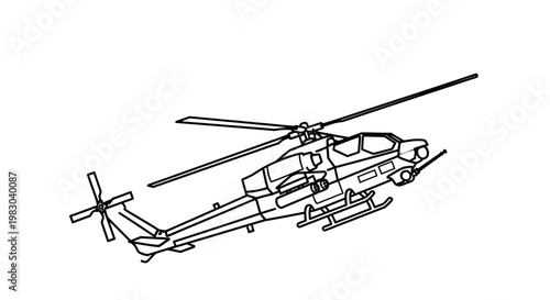 Military Attack Helicopter, Cobra, Line Art, Vector Illustration, Aviation