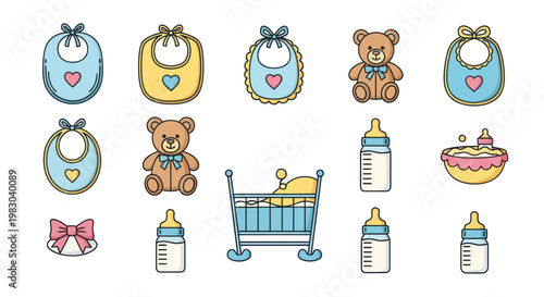 Cute collection of newborn baby items and accessories with bibs, teddy bears, bottles, and a crib.