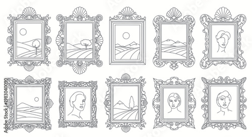 Collection of elegant ornate picture frames with landscape and portrait line art