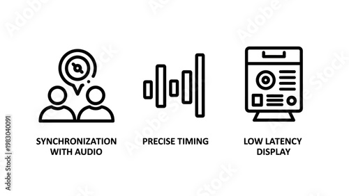 Icons for audio synchronization precise timing low latency display real time synchronization technology performance electronics connection transmission computer television streaming