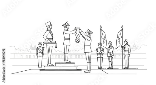Military Award Ceremony: Officer Receives Medal on Podium, Formal Event with Flags