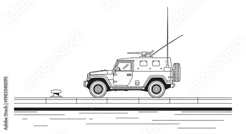 Military Armored Vehicle on Dockside with Antenna
