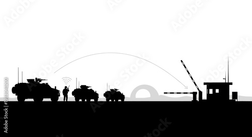Military convoy at checkpoint with armored vehicles and guard tower, silhouette.