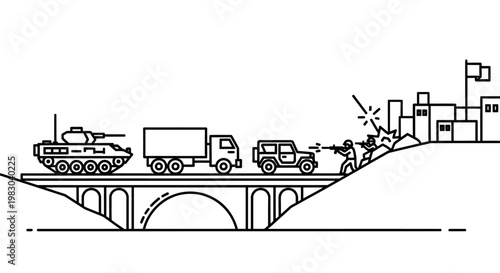 Military convoy on bridge under attack, soldiers fighting in urban warfare scenario