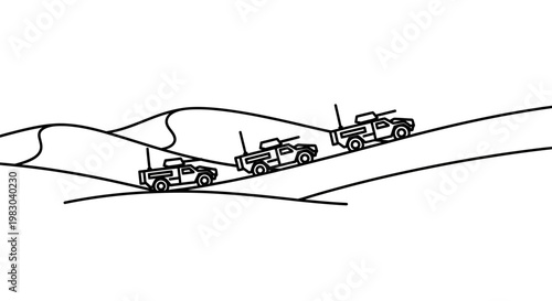 Military convoy driving through desert dunes, line art illustration