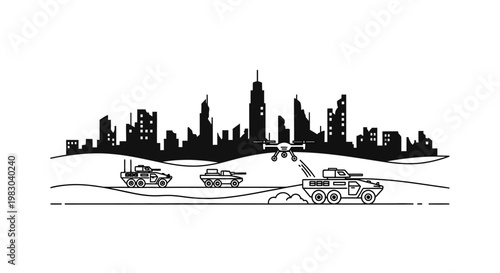 Military convoy with drone surveillance over futuristic cityscape silhouette