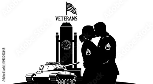 Military Couple Kissing at Veterans Memorial with Tank Silhouette