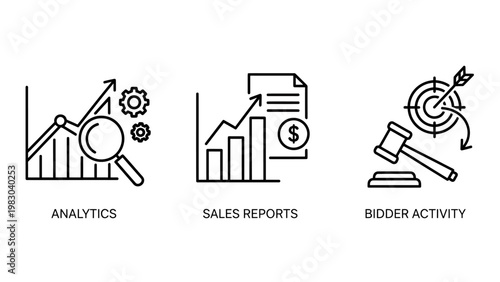 Business analytics icons: magnifying glass on graph sales report with money bidder activity target business intelligence analytics analysis statistics document business activity strategy