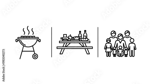 Outdoor picnic icons: barbecue grill picnic table family with outdoor dining barbecue gathering illustration collection celebration recreation backyard mealtime togetherness enjoyment