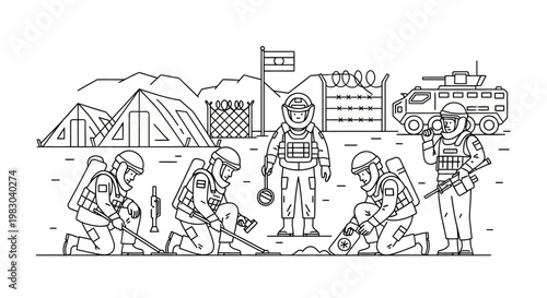 Military EOD team in action, detecting and clearing explosives in a war zone with armored vehicle.