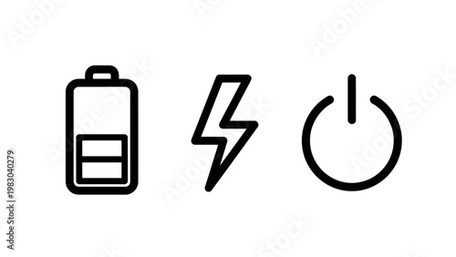 Power and energy icons: battery lightning bolt power button with lightning electricity strength technology illustration collection abstract iconography connection capacity recharge transfer