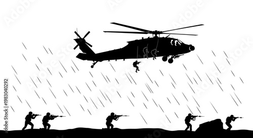 Military Helicopter Drops Soldier in Rain Amidst Ground Troops