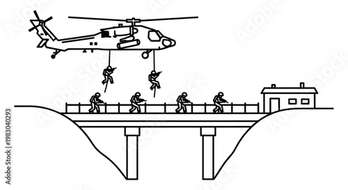 Military helicopter drops soldiers onto bridge for tactical operation