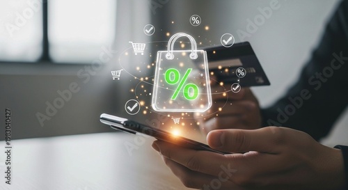 Person using smartphone and credit card for online shopping with digital discount graphics.