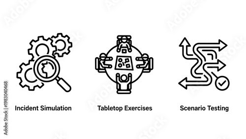 Risk management and strategic planning icons illustrating incident simulation tabletop exercises and scenario testing for emergency response with management planning incident simulation exercise