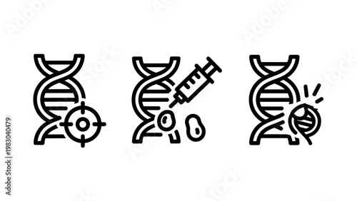 Collection of vector line icons representing DNA editing genetic engineering biotechnology and crispr gene modification research with syringe and targeting symbols genetics biotechnology research