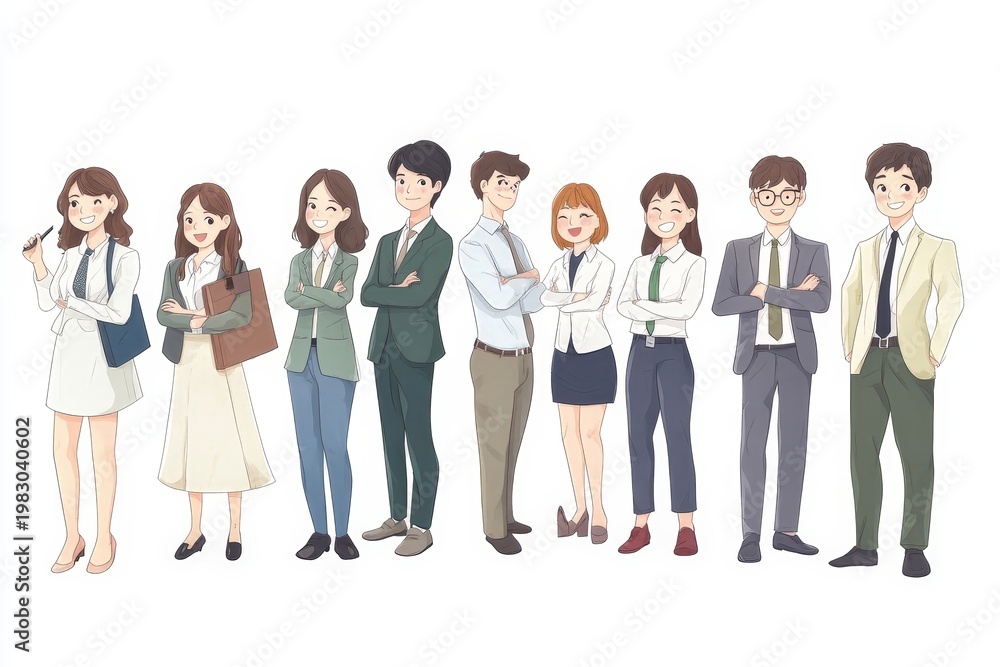 Fototapeta premium Diverse cartoon business team standing together in professional attire