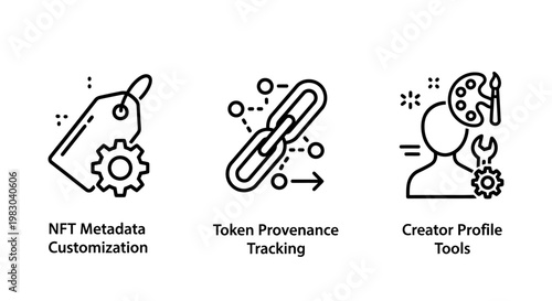 Digital asset management icons illustrating nft metadata customization blockchain token provenance tracking creative professional profile tools metadata blockchain technology customization