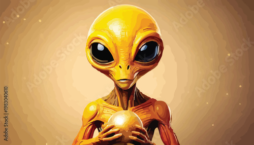 Golden Alien Holding Orb - Extraterrestrial Being with Large Eyes.