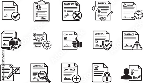 Document contract approval status icon set, outline style for finance, agreement, workflow UI.