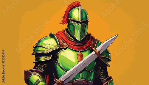 Green Armored Knight with Sword Ready for Battle.