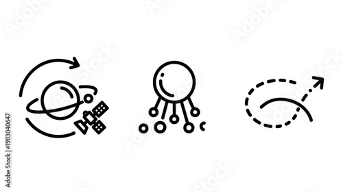 Three minimalist line icons depicting astronomical and networking concepts with a planet being orbited by a satellite a central node connection structure and a dashed path trajectory arrow, satellite