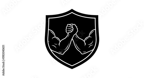 Arm Wrestling Shield Emblem Black and White Illustration.