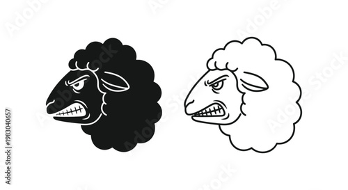 Angry black sheep mascot head vector, aggressive ram character icons, set of 2 grumpy farm animal profile illustrations for sports logos
